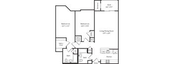 A floor plan of a house with two bedrooms, a living/dining room, a kitchen, two bathrooms, a walk-in closet, and a deck.