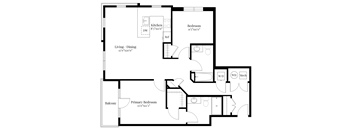 A floor plan of a house with a living room, kitchen, two bedrooms, and a balcony.