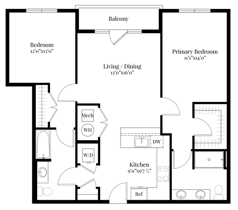 A floor plan of a house with a balcony, two bedrooms, a living/dining area, a kitchen, and a bathroom.