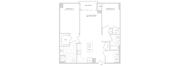 A floor plan of a balcony, living/dining area, and two bedrooms.