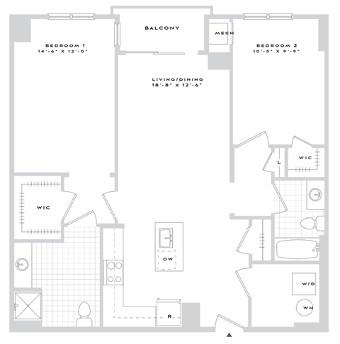 A floor plan of a balcony, living/dining area, and two bedrooms.
