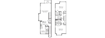 A floor plan of a two bedroom apartment with a dining/living room and kitchen.