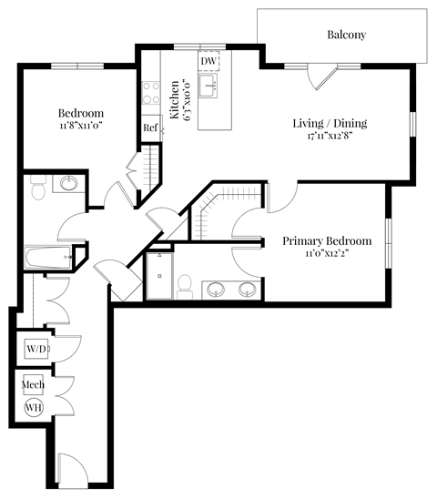 A floor plan of a house with a living room, dining room, kitchen, and two bedrooms.