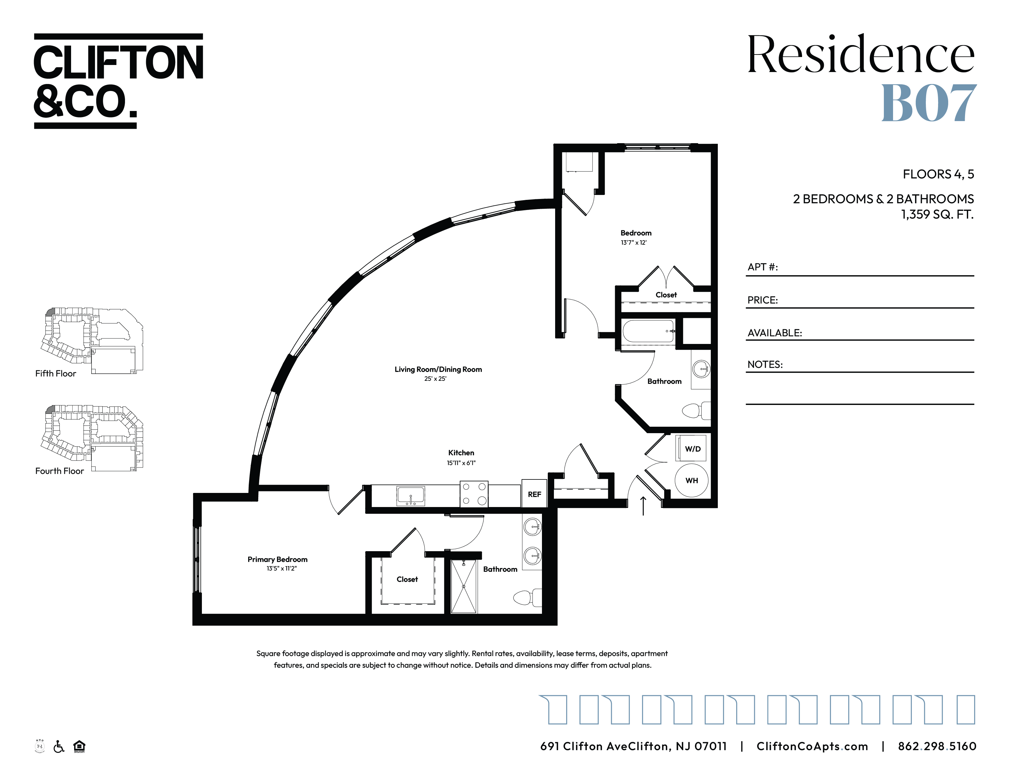 A floor plan for a residence by Clifton & Co. shows a layout with two bedrooms and two bathrooms.