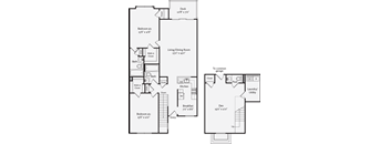 A floor plan of a house with two bedrooms, a living room, a kitchen, and a deck.