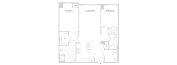 A floor plan of a home with two bedrooms, a living area, and a kitchen.