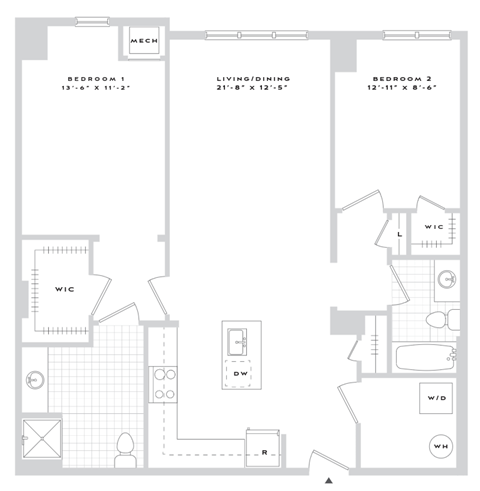 A floor plan of a home with two bedrooms, a living area, and a kitchen.