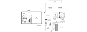 A floor plan of a house with two bedrooms, a living room, a dining room, a kitchen, a laundry/utility area, and a bathroom.