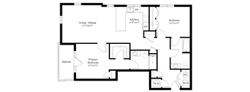 A floor plan of a house with a living/dining area, kitchen, bedrooms, and a balcony.