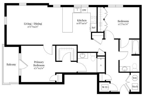 A floor plan of a house with a living/dining area, kitchen, bedrooms, and a balcony.