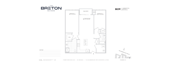 A floor plan for a property at The Breton Bayonne shows a layout with a living room, dining room, kitchen, and two bathrooms.