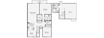 A floor plan of a house with a deck, two bedrooms, a dining/living room, a kitchen, a bath, a laundry/utility space, and an entry.