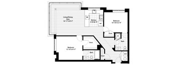 A black and white floor plan of a house with a living/dining area, kitchen, two bedrooms, bathrooms, and closets.