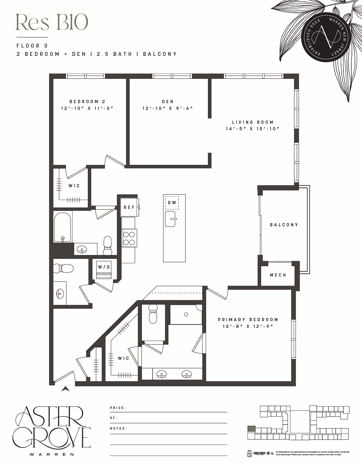 Two bedroom plus den floor plan with two and half baths at Aster Grove Apartments, Warren, NJ
