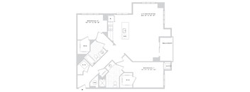A floor plan of a house with two bedrooms, a living area, a balcony, and a garage.