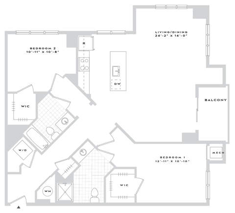 A floor plan of a house with two bedrooms, a living area, a balcony, and a garage.
