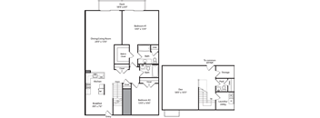 A floor plan of a house with a deck, two bedrooms, a dining/living room, a kitchen, a laundry/utility area, and a storage space.