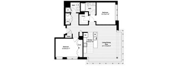 A black and white image of a floor plan for a house with two bedrooms, a living area, a kitchen, and two bathrooms.