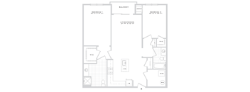 A floor plan of a home with two bedrooms, a living/dining area, and a balcony.