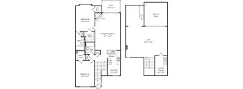 A black and white floor plan of a house with a deck, two bedrooms, a living/dining room, a kitchen, a breakfast area, a laundry/storage area, and two bathrooms.