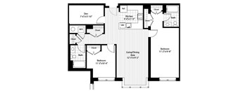 A black and white image of a floor plan for a house with a den, two bathrooms, two closets, a kitchen, a living/dining area, and two bedrooms.