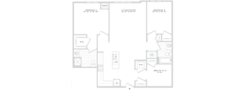 A floor plan of a home with two bedrooms, a living/dining area, a den, a home office, and a laundry room.