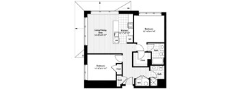 A black and white image of a floor plan for a house with a living/dining area, kitchen, two bedrooms, two bathrooms, and closets.