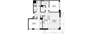 A floor plan of a house with two bedrooms, a living/dining area, a kitchen, a bathroom, and a walk-in closet.