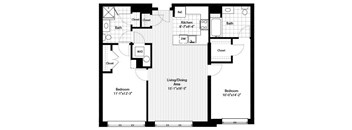 A black and white image of a floor plan for a house with two bedrooms, a living/dining area, a kitchen, a bath, and two closets.