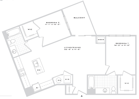 A floor plan of a home with two bedrooms, a living/dining area, a balcony, a mech, a WC, and a WIFI area.
