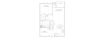 A floor plan of an apartment with a bedroom, living/dining area, and den.