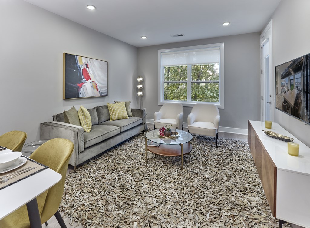 a living room with gray walls and a large rug