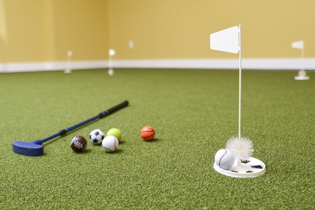 a set of golf balls and a bat on a field