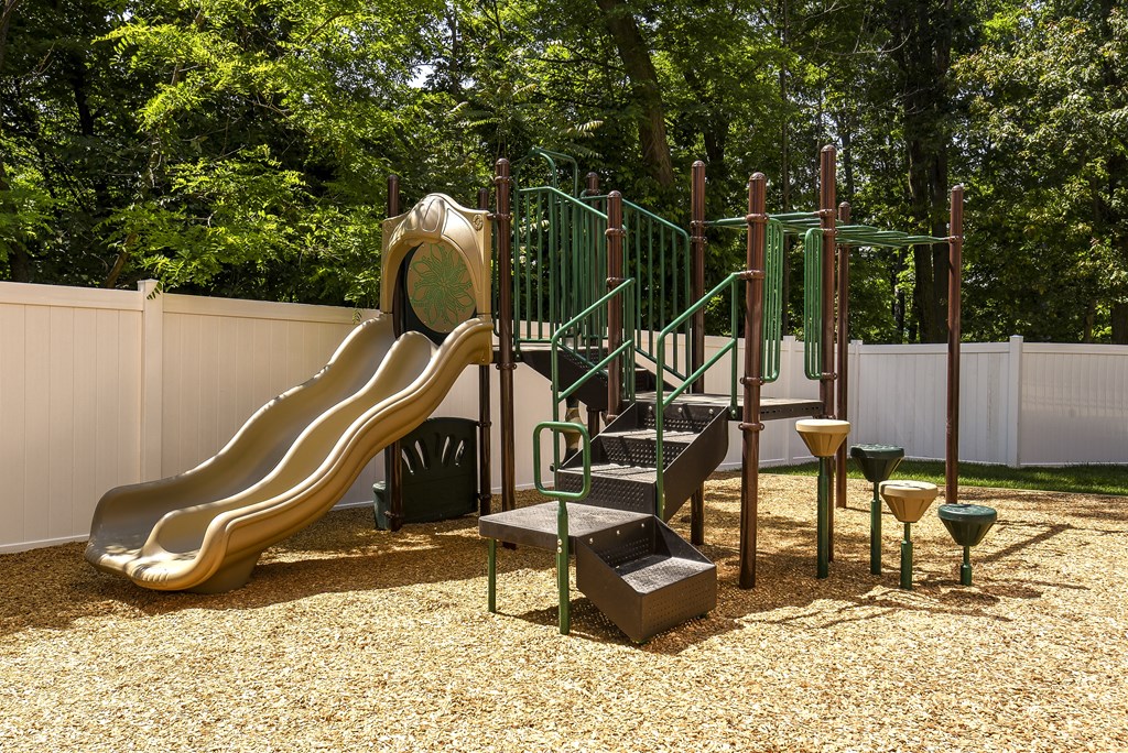 a playground with a slide and climbing equipment in a backyard
