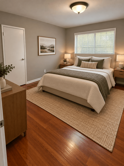 A bedroom with a bed, nightstand, and lamp.