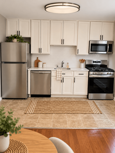 A kitchen with a refrigerator, oven, and microwave.
