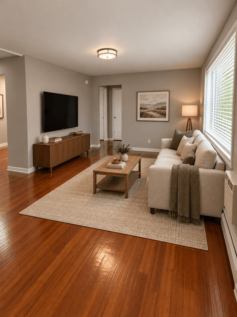 A living room with a wooden floor and a large window.