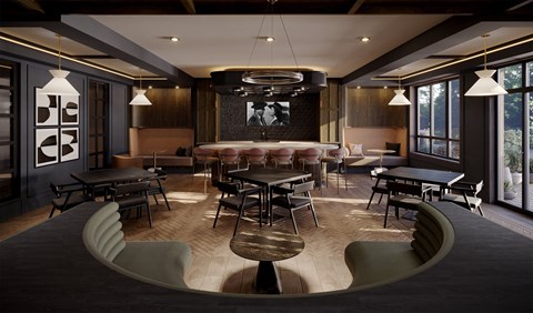 a rendering of a dining room with tables and chairs