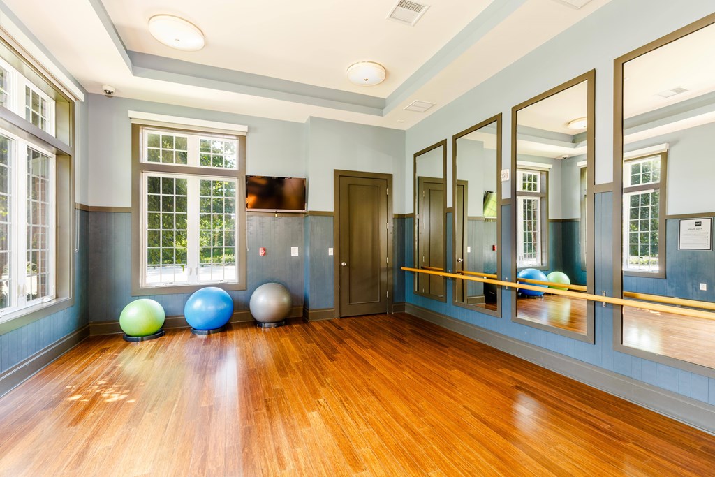 A room with wooden floors and a mirrored wall.