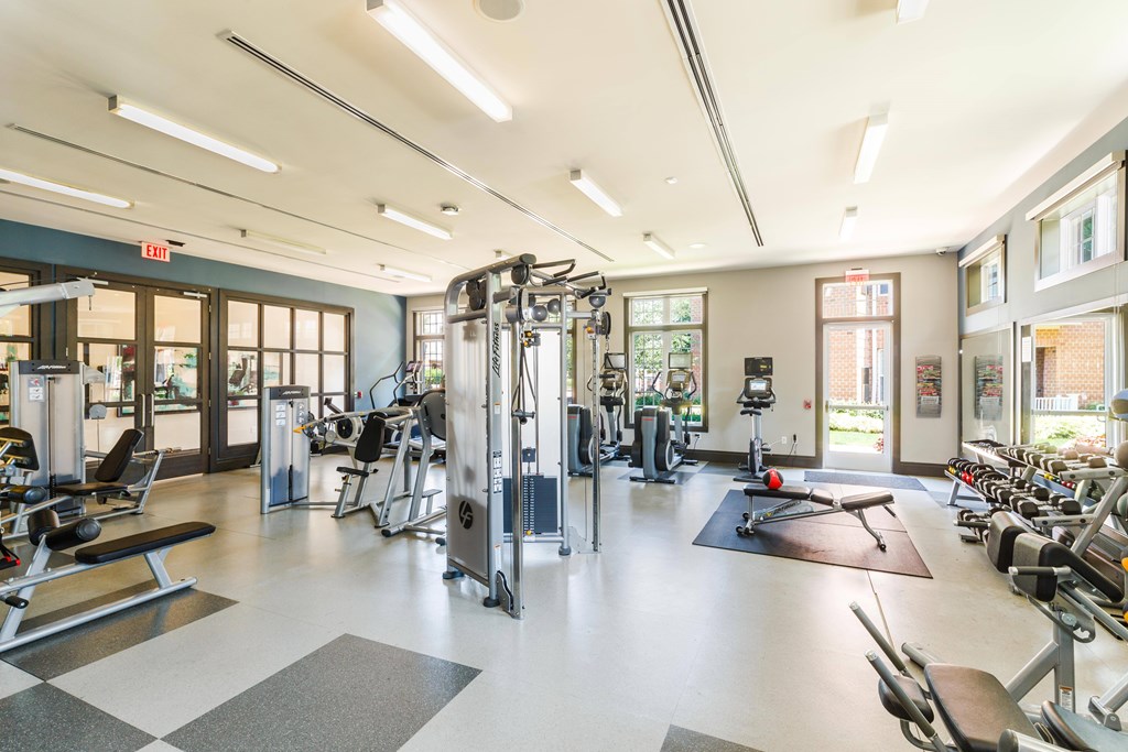 A gym with a variety of equipment including treadmills, weights, and exercise machines.