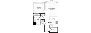 A2 one bedroom floor plan with balcony and foyer at Inwood at Renaissance Square Apartments, Marlton
