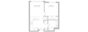 A floor plan of a small apartment with a living/dining area and a bedroom.