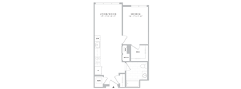 A floor plan of a living area, dining area, bedroom, and bathroom.