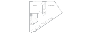 A floor plan of a house with a bedroom, living/dining area, and a bathroom.