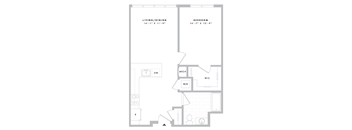 A floor plan of a small apartment with a living room, dining room, and bedroom.