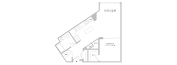 A floor plan of a small apartment with a living/dining area, kitchen, and bedroom.