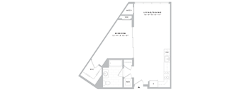 A floor plan of a small apartment with a living room, bedroom, and a washroom.