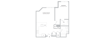A floor plan of a small apartment with a living room, dining room, bedroom, and bathroom.