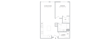 A floor plan of a small apartment with a living room, bedroom, and laundry area.