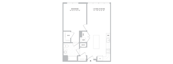 A floor plan of a bedroom and living/dining area with labeled rooms and furniture.